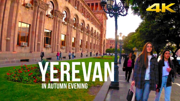 Yerevan at evening, Republic Square to France Square, Armenia. 4K 60fps