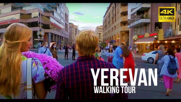 Walking tour in Yerevan Streets; Cascade complex to Republic Square. 4K 60fps